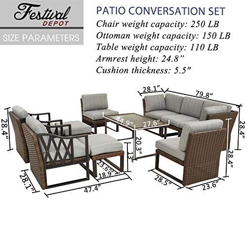 Festival Depot 10Pc Outdoor Furniture Patio Conversation Set Sectional Corner Sofa Chairs All Weather Wicker Ottoman Metal Frame Slatted Coffee Table with Thick Grey Seat Back Cushions Without Pillows