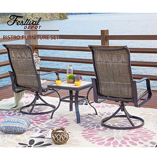 Festival Depot 3 PC Bistro Outdoor Patio Dining 360¡Swivel Chairs Set Furniture Rockers Armrest Chair Square Metal Steel Frame Coffee Table for Deck Garden Pool