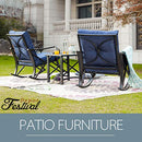 Festival Depot 3-Piece Patio Outdoor Rocking Chairs Wicker Rattan Bistro Furniture Conversation Sets with Coffee Table and Thick Blue Cushions for Porch Lawn Garden Balcony Pool Backyard