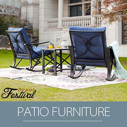 Festival Depot 3-Piece Patio Outdoor Rocking Chairs Wicker Rattan Bistro Furniture Conversation Sets with Coffee Table and Thick Blue Cushions for Porch Lawn Garden Balcony Pool Backyard