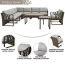 Festival Depot 10Pc Outdoor Furniture Patio Conversation Set Sectional Corner Sofa Chairs All Weather Wicker Ottoman Metal Frame Slatted Coffee Table with Thick Grey Seat Back Cushions Without Pillows