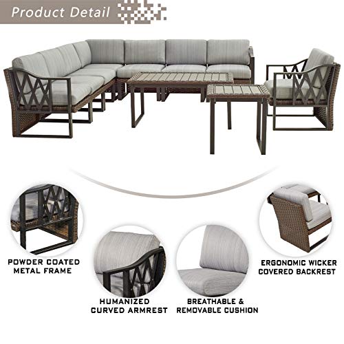 Festival Depot 10Pc Outdoor Furniture Patio Conversation Set Sectional Corner Sofa Chairs All Weather Wicker Ottoman Metal Frame Slatted Coffee Table with Thick Grey Seat Back Cushions Without Pillows