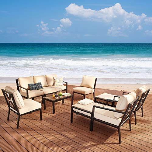 Festival Depot 10-Pieces Patio Outdoor Furniture Conversation Sets Loveseat Sectional Sofa, All-Weather Black X Slatted Back Chair with Coffee Table and Removable Couch Cushions (Beige)