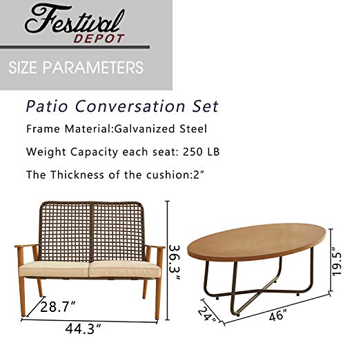 Festival Depot 2 Pieces Patio Outdoor Furniture Conversation Set Loveseat with Metal Side Coffee Side Table Wooden-Color Steel Wicker Weaving Mesh Back Armchair with Cushions (Khaki)