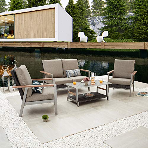 Festival Depot 4 Pieces Patio Outdoor Conversation Chairs Loveseat Set with Coffee Rectangle Table Metal Frame Furniture Garden Bistro Seating Thick Soft Cushions