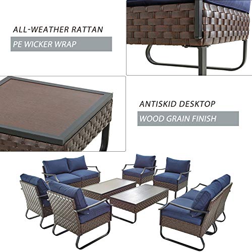 Festival Depot 10 Pcs Patio Conversation Sets Outdoor Furniture Sectional Sofa Loveseat with All-Weather PE Rattan Wicker Armchair,Coffee Table and Soft Removable Couch Cushions (Blue)