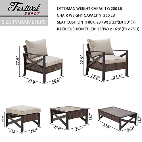 Festival Depot 8 Pcs Patio Outdoor Furniture Conversation Set Sectional Corner Sofa with All-Weather Brown PE Rattan Wicker Back Chair, Ottoman, Coffee Side Table and Removable Couch Cushions
