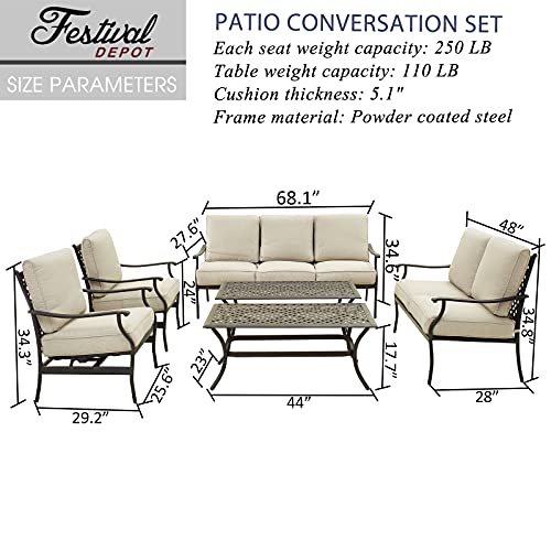 Festival Depot 6Pcs Outdoor Furniture Patio Conversation Set All Weather Black Metal Armchairs Loveseat with Seat and Back Cushions, 3-Seating Chair, Rectangle Coffee Table for Deck Lawn Garden