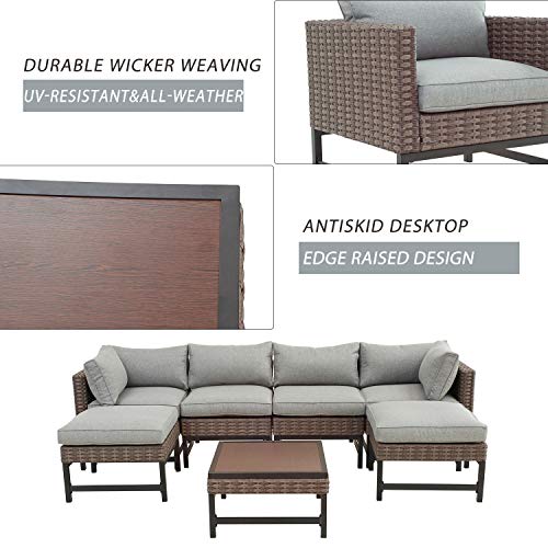 Festival Depot 7 Pieces Patio Outdoor Furniture Conversation Sets Sectional Corner Sofa with Wicker Chairs, Ottoman, Coffee Table and Seating Thick Soft Cushion(Grey)