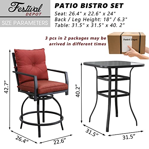 Festival Depot 3 Pcs Outdoor Furniture Bar Stools Set of 2 Swivel Chairs with Cushions and 1 High Bistro Tables with Tempered Glass Tabletop in Metal Frame (Red)