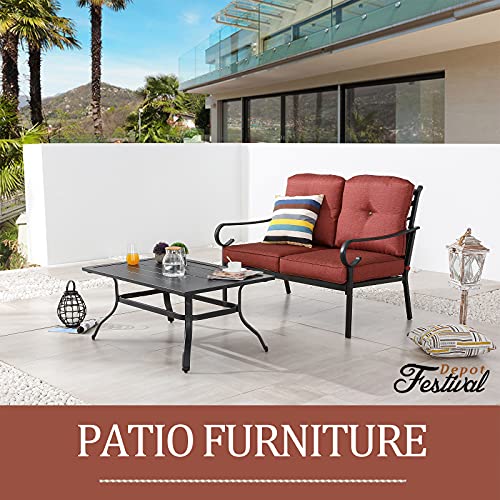 Festival Depot 2 Pieces Outdoor Furniture Patio Conversation Set Bistro Loveseat with Seat and Back Thick Cushions and Metal Coffee Table with Slatted Steel Tabletop for Backyard Porch Balcony