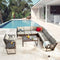 Festival Depot 10Pc Outdoor Furniture Patio Conversation Set Sectional Corner Sofa Chairs All Weather Wicker Ottoman Metal Frame Slatted Coffee Table with Thick Grey Seat Back Cushions Without Pillows