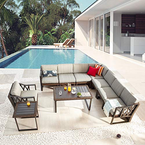Festival Depot 10Pc Outdoor Furniture Patio Conversation Set Sectional Corner Sofa Chairs All Weather Wicker Ottoman Metal Frame Slatted Coffee Table with Thick Grey Seat Back Cushions Without Pillows