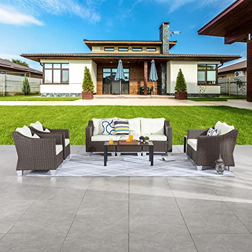Festival Depot 9 Pcs Patio Conversation Set Outdoor Furniture Combination Sectional Sofa All-Weather PE Wicker Metal Armchairs with Seating Back Cushions Side Coffee Table (Beige)