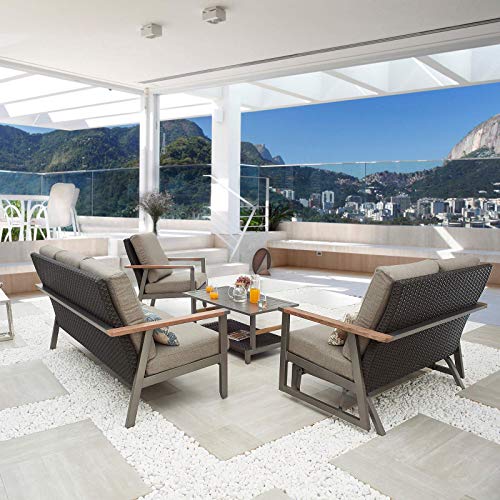 Festival Depot 4pcs Patio Conversation Set Wicker Armchair Glider Loveseat All Weather Rattan 3-Seater Sofa with Thick Cushions and Coffee Table in Metal Frame Outdoor Furniture for Deck