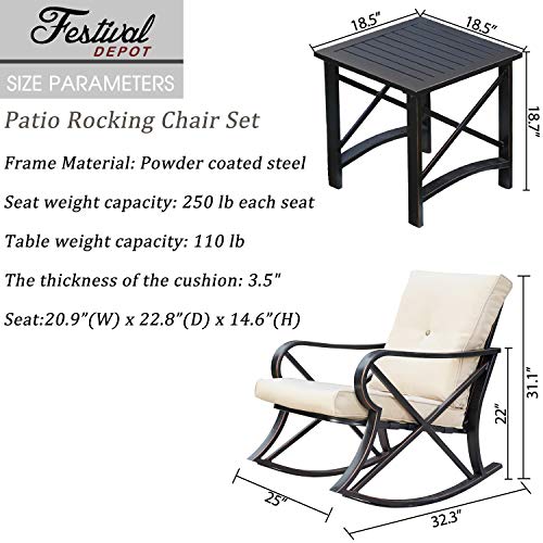 Festival Depot 3-Piece Patio Outdoor Rocking Chairs Wicker Rattan Bistro Furniture Conversation Sets with Coffee Table and Thick Blue Cushions for Porch Lawn Garden Balcony Pool Backyard