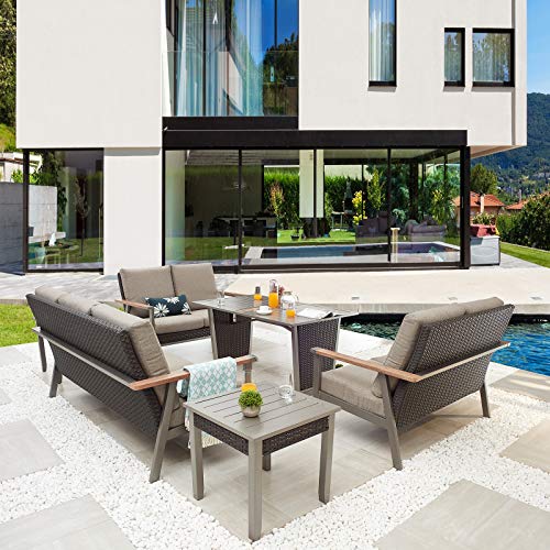 Festival Depot 6pcs Patio Conversation Set Metal Armchair Wicker 3-Seater Sofa All Weather Rattan Loveseat with Grey Thick Cushions Dining and Side Table Outdoor Furniture for Deck Poolside