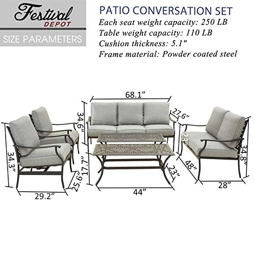 Festival Depot 6Pcs Outdoor Furniture Patio Conversation Set All Weather Black Metal Armchairs Loveseat with Seat and Back Cushions, 3-Seating Chair, Rectangle Coffee Table for Deck Lawn Garden