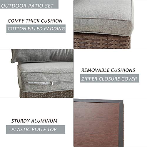 Festival Depot 5 Pieces Patio Outdoor Conversation Set Wicker Sofa Chairs with Seating Back Cushions Metal Side Coffee Table Garden (Gray)