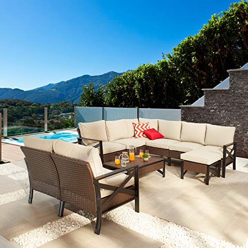 Festival Depot 10 Pcs Patio Outdoor Furniture Conversation Set Sectional Corner Sofa with All-Weather Brown PE Rattan Wicker Back Chair, Ottoman, Coffee Table and Thick Removable Couch Cushions
