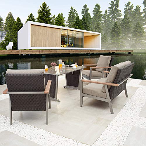 Festival Depot 4 Pieces Patio Outdoor Conversation Chairs Loveseat Set with Coffee Rectangle Table Metal Frame Furniture Garden Bistro Seating Thick Soft Cushions