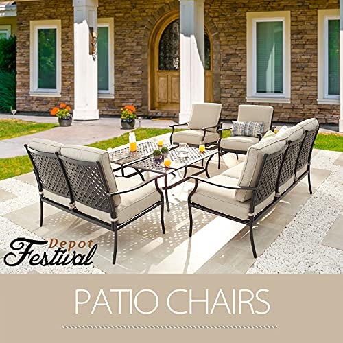 Festival Depot 6Pcs Outdoor Furniture Patio Conversation Set All Weather Black Metal Armchairs Loveseat with Seat and Back Cushions, 3-Seating Chair, Rectangle Coffee Table for Deck Lawn Garden