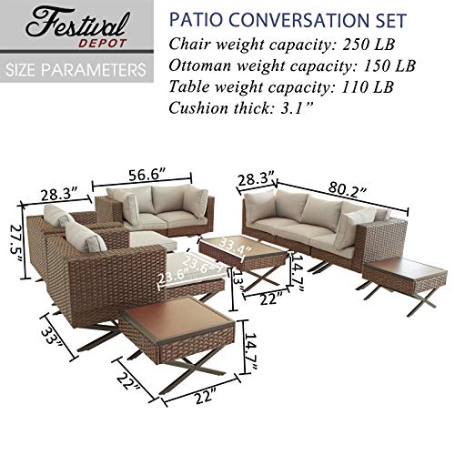 Festival Depot 12pcs Outdoor Furniture Patio Conversation Set Sectional Corner Sofa Chairs with X Shaped Metal Leg All Weather Brown Rattan Wicker Rectangle Coffee Table with Grey Seat Back Cushions