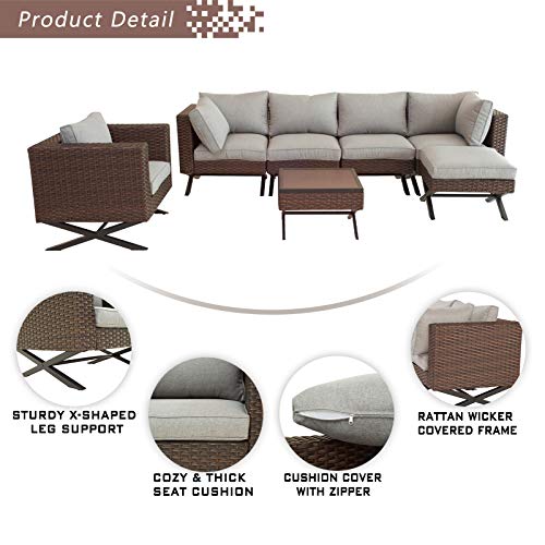 Festival Depot 7pcs Outdoor Furniture Patio Conversation Set Sectional Corner Sofa Chairs with X Shaped Metal Leg All Weather Brown Rattan Wicker Ottoman Side Coffee Table with Grey Seat Back Cushions