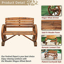 Festival Depot Wooden Wagon Wheel Bench Rustic Armrest Chair 2-Person Outdoor Patio Furniture Loveseat with Backrest, Slatted Seat for Garden Country Yard, Burnt-Finished