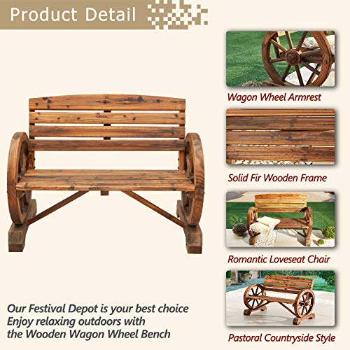 Festival Depot Wooden Wagon Wheel Bench Rustic Armrest Chair 2-Person Outdoor Patio Furniture Loveseat with Backrest, Slatted Seat for Garden Country Yard, Burnt-Finished