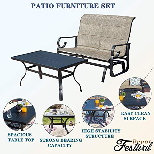Festival Depot 2pcs Outdoor Furniture Patio Conversation Set Metal Coffee Table Loveseat Armchairs Glider with Textilene Fabric Without Pillows for Lawn Beach Backyard Pool, Beige