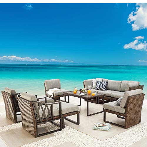 Festival Depot 10Pc Outdoor Furniture Patio Conversation Set Sectional Corner Sofa Chairs All Weather Wicker Ottoman Metal Frame Slatted Coffee Table with Thick Grey Seat Back Cushions Without Pillows