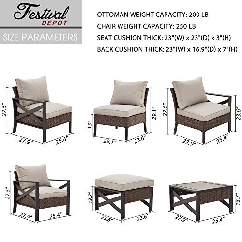 Festival Depot 12 Pcs Patio Outdoor Furniture Conversation Set Sectional Sofa with All-Weather Brown PE Rattan Wicker Back Chair, Ottoman, Coffee Table and Soft Thick Removable Couch Cushions