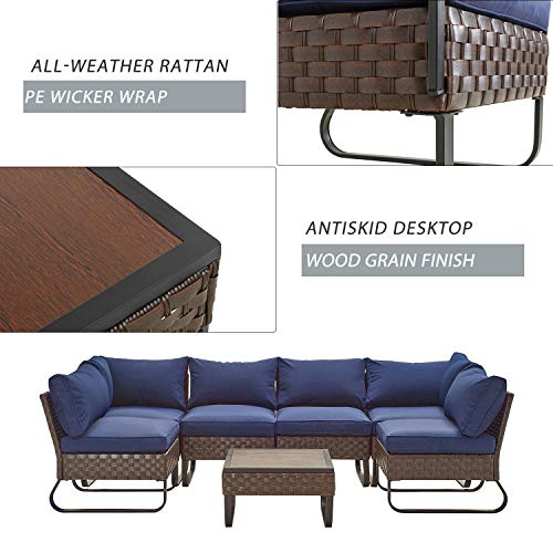 Festival Depot 7 Pieces Patio Outdoor Furniture Conversation Sets Sectional Corner Sofa with All-Weather PE Rattan Wicker Back Chair, Coffee Side Table and Soft Removable Couch Cushions (Blue)