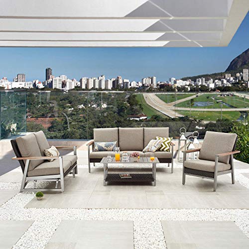 Festival Depot 4pcs Patio Conversation Set Wicker Armchair Glider Loveseat All Weather Rattan 3-Seater Sofa with Thick Cushions and Coffee Table in Metal Frame Outdoor Furniture for Deck