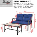 Festival Depot 2 Pcs Patio Bistro Set Conversation Set with Coffee Table Outdoor Furniture Loveseat Armchair with Hand-Woven Textilene Rope Backrest (Black Metal Frame with Blue Cushion)
