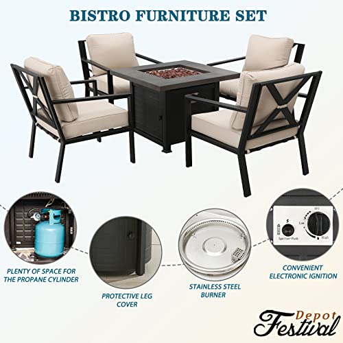 Festival Depot 5 Pieces Outdoor Fire Propane Pit Conversation Set, 4 Patio Dining Armchairs with Cushions Metal Frame and 34 inch 50000 BTU Auto-Ignition Square Propane Gas Fire Pit Table (Beige)