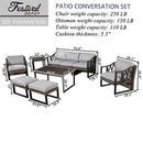 Festival Depot 9pcs Outdoor Furniture Patio Conversation Set Sectional Sofa Chairs All Weather Brown Wicker Ottoman Slatted Coffee Table End Table with Thick Grey Seat Back Cushions, Black