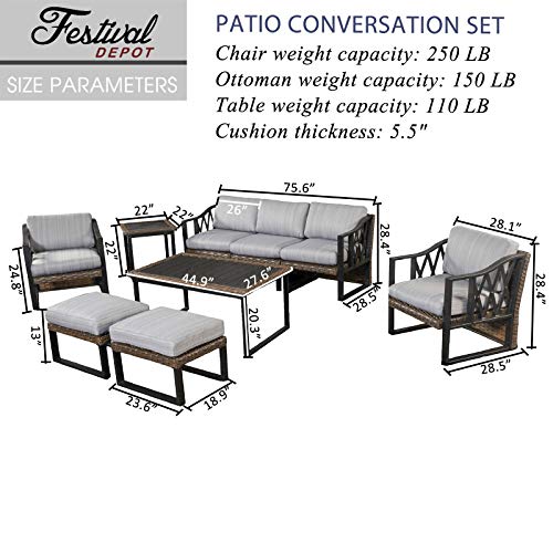 Festival Depot 9pcs Outdoor Furniture Patio Conversation Set Sectional Sofa Chairs All Weather Brown Wicker Ottoman Slatted Coffee Table End Table with Thick Grey Seat Back Cushions, Black