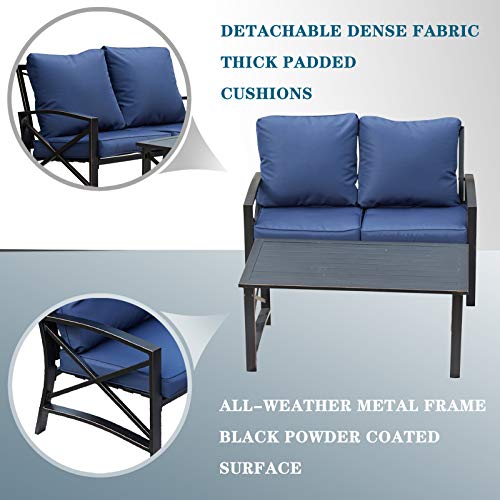 Festival Depot 2pcs Outdoor Furniture Patio Conversation Set Metal Coffee Table Loveseat Armchairs with Seat and Back Cushions Without Pillows for Lawn Beach Backyard Pool, Khaki