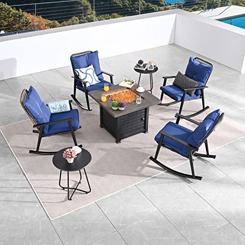 Festival Depot 7 Pieces Outdoor Fire Pit Table Set, Patio Conversation Set, Square Propane Gas Table, 4 PE Wicker Rocking Armchairs w/ Cushions and 2 Side Table Metal Furniture (Blue)