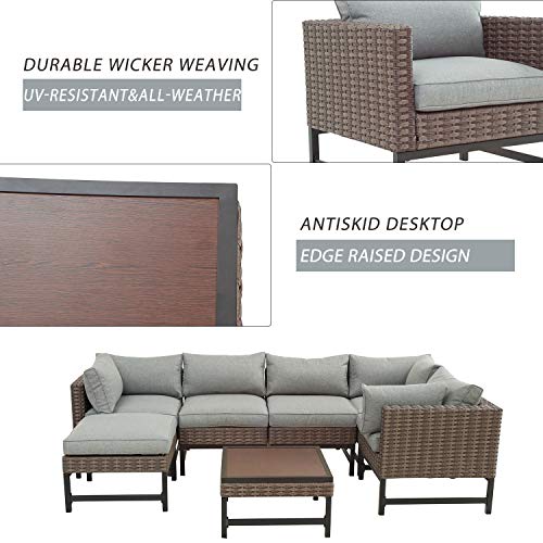 Festival Depot 7 Pieces Patio Outdoor Furniture Conversation Sets Sectional Corner Sofa with Wicker Chairs, Ottoman, Coffee Table and Comfy Thick Seat Cushions(Grey)