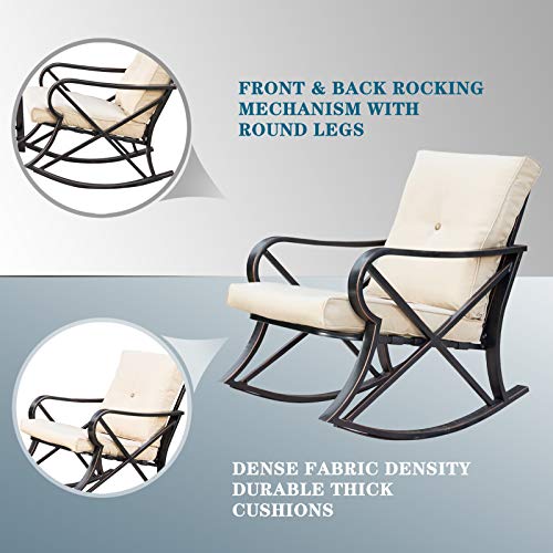 Festival Depot 3-Piece Patio Outdoor Rocking Chairs Wicker Rattan Bistro Furniture Conversation Sets with Coffee Table and Thick Blue Cushions for Porch Lawn Garden Balcony Pool Backyard