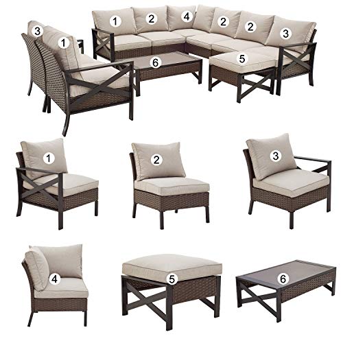 Festival Depot 10 Pcs Patio Outdoor Furniture Conversation Set Sectional Corner Sofa with All-Weather Brown PE Rattan Wicker Back Chair, Ottoman, Coffee Table and Thick Removable Couch Cushions