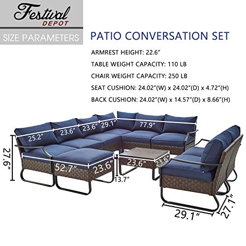 Festival Depot 10 Pieces Patio Conversation Sets Outdoor Furniture Sectional Corner Sofa with All-Weather PE Rattan Wicker Back Chair, Coffee Table Ottoman and Thick Soft Removable Couch Cushion(Blue)