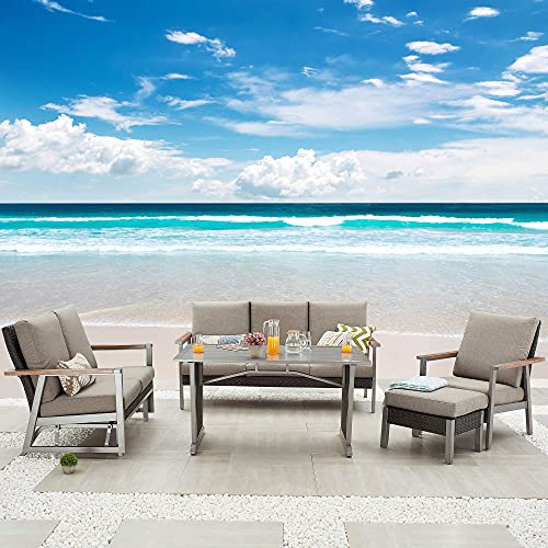 Festival Depot 5pcs Patio Conversation Set Metal Armchair Wicker Glider Loveseat All Weather Rattan 3-Seater Sofa with Grey Thick Cushions and Dining Table Outdoor Furniture for Deck Garden