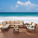 Festival Depot 10-Pieces Patio Outdoor Furniture Conversation Sets Sectional Corner Sofa, All-Weather Black X Slatted Back Armchairs with Coffee Table and Thick Removable Couch Cushions (Beige)