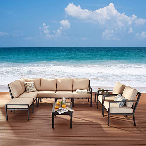 Festival Depot 10-Pieces Patio Outdoor Furniture Conversation Sets Sectional Corner Sofa, All-Weather Black X Slatted Back Armchairs with Coffee Table and Thick Removable Couch Cushions (Beige)
