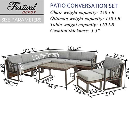 Festival Depot 10Pc Outdoor Furniture Patio Conversation Set Sectional Corner Sofa Chairs All Weather Wicker Ottoman Metal Frame Slatted Coffee Table with Thick Grey Seat Back Cushions Without Pillows