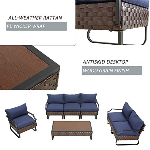Festival Depot 7 Pieces Patio Conversation Sets Loveseat Outdoor Furniture Sectional Sofa with All-Weather PE Rattan Wicker Back Armchair, Coffee Table and Soft Removable Couch Cushions (Blue)